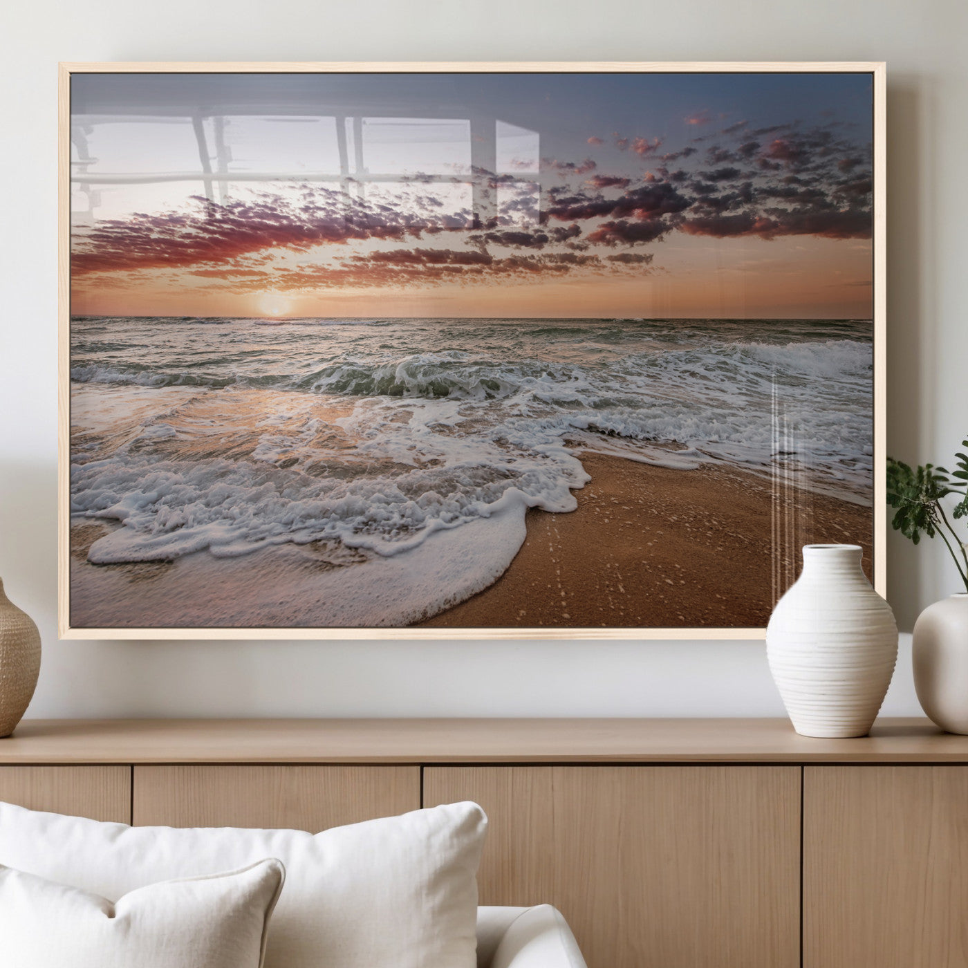 39846389-MGV-FP-36X24-3P_Natural-Ocean Sunset Wall Art Canvas Print – Framed Sandy Shore Gentle Waves Coastal Landscape Minimalist Artwork for Home, Office