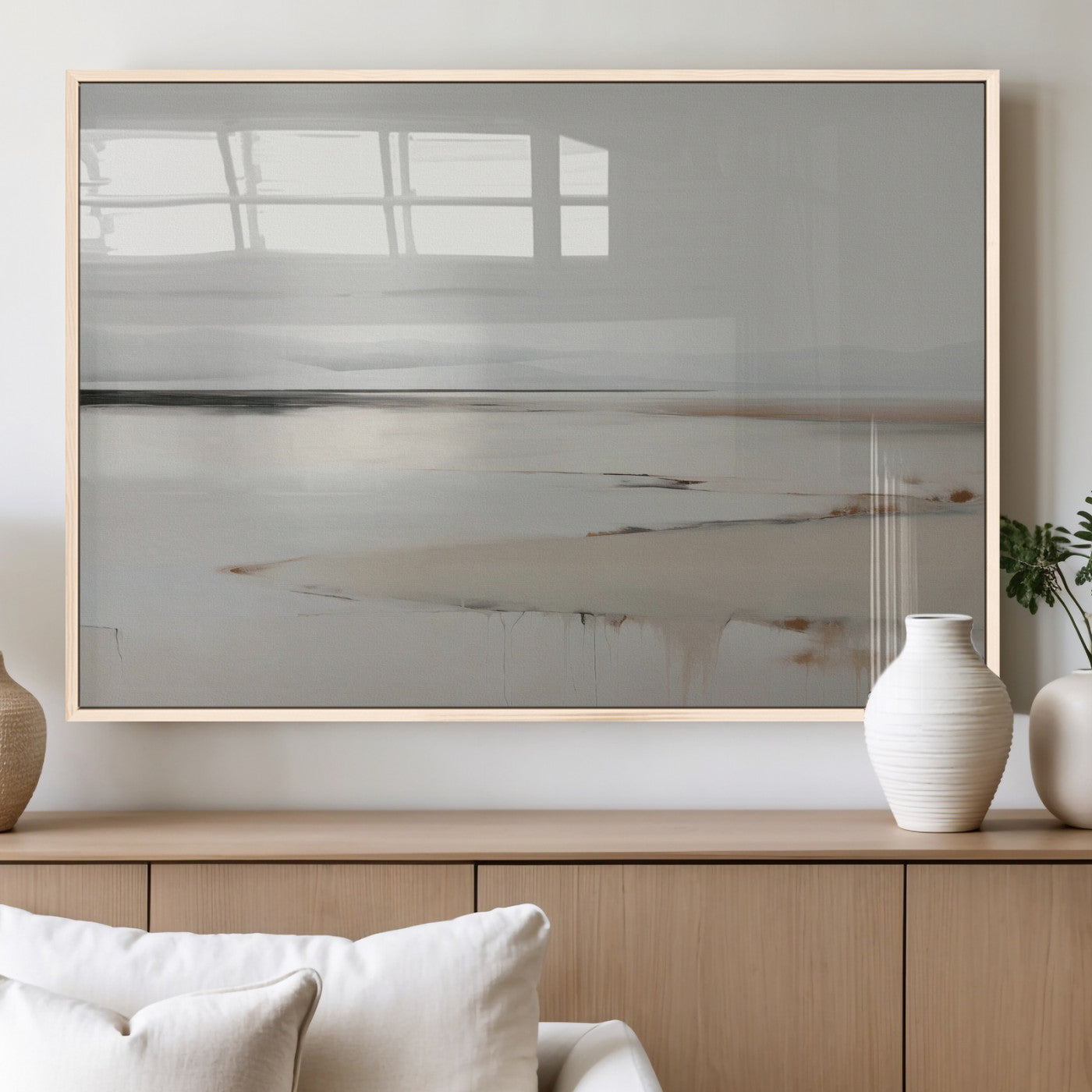 89410095-MGV-FP-36X24-3P_Natural-Minimalist Landscape Wall Art Canvas Print – Framed Soft Horizon Abstract Seascape Earthy Tones Artwork for Home Office