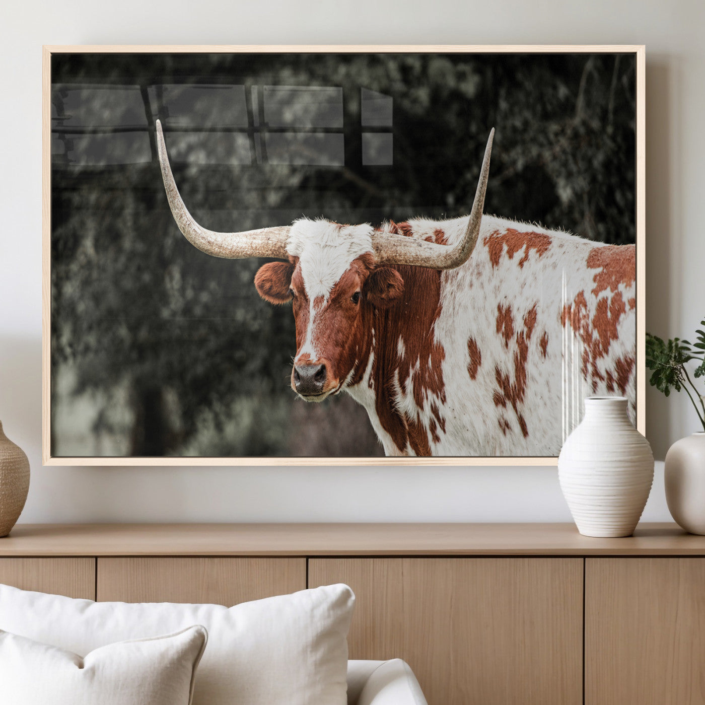 54027638-MGV-FP-36X24-3P_Natural-Texas Longhorn Wall Art Canvas Print – Framed Spotted Bull Horned Cattle Rustic Western Decor Artwork for Home, Office