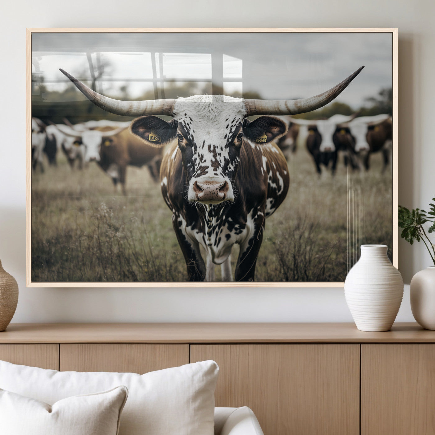 MGV-FP-36X24-3P - Majestic Longhorn Cow Wall Art – Canvas Print of Intricate Fur & Sharp Horns Earthy Tones Serene Landscape, Rustic Charm Decor for Living Room, Office or Bedroom