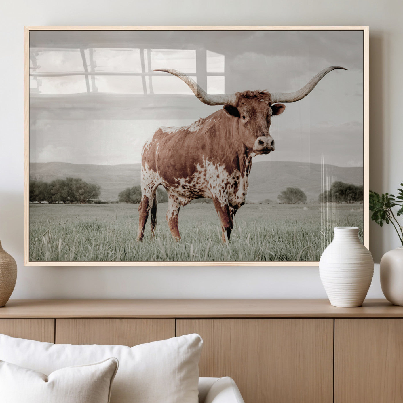 MGV-FP-36X24-3P - Texas Longhorn Wall Art Canvas Print, Framed Spotted Cattle Art Picture Print, Horned Bull Perfect Rustic Western Decor Artwork