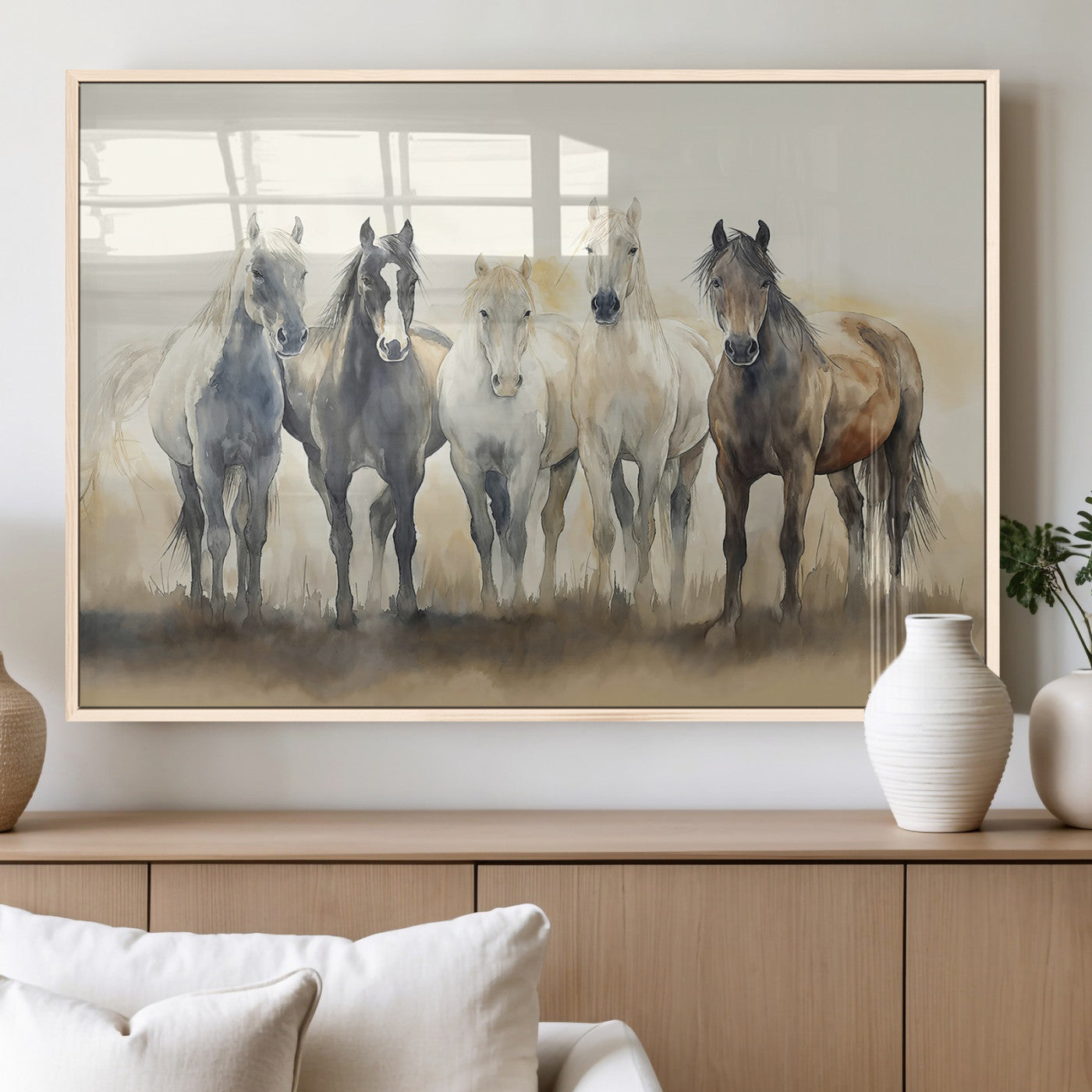 MGV-FP-36X24-3P - Wild Horses Wall Art Canvas Print, Framed Running Horses Art Picture Print, Watercolor Horses Perfect Rustic Western Decor Artwork