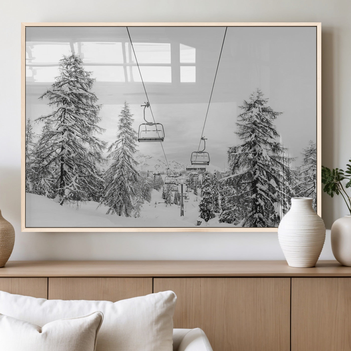 55003599-MGV-FP-36X24-3P_Natural-Snowy Ski Lift Wall Art – Framed Winter Forest Canvas Artwork, Peaceful Mountain Design, Modern Nature Decor for Home, Office