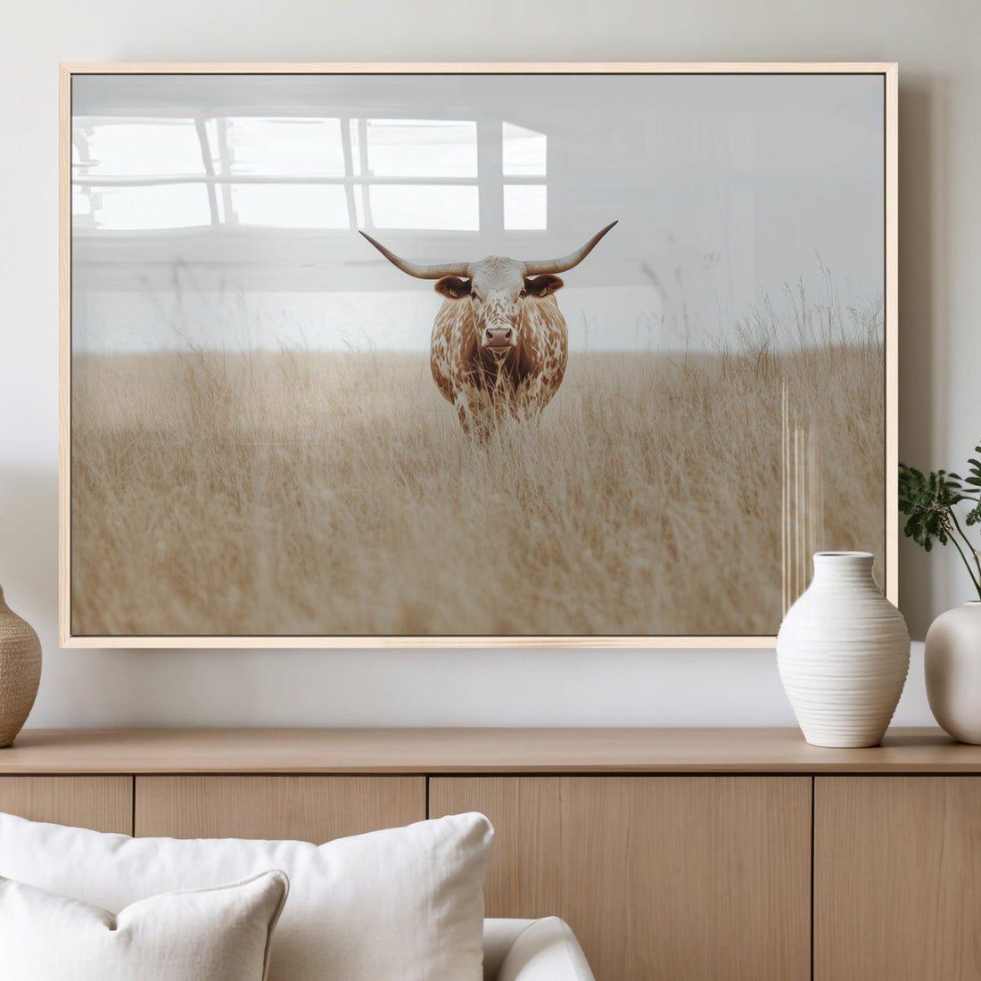 Texas Longhorn Wall Art Canvas Print, Framed Lone Cattle Art, Longhorn Bull Western Decor