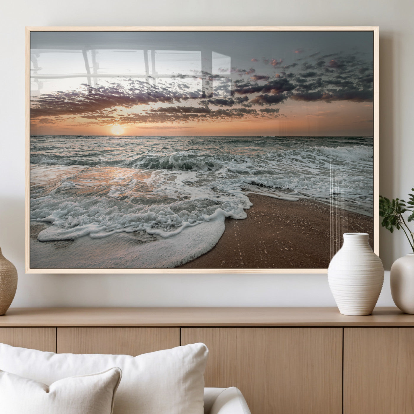 40632752-MGV-FP-36X24-3P_Natural-Ocean Sunset Wall Art Canvas Print – Framed Beach Waves Scene with Coastal Artwork for Home, Office, Living Room