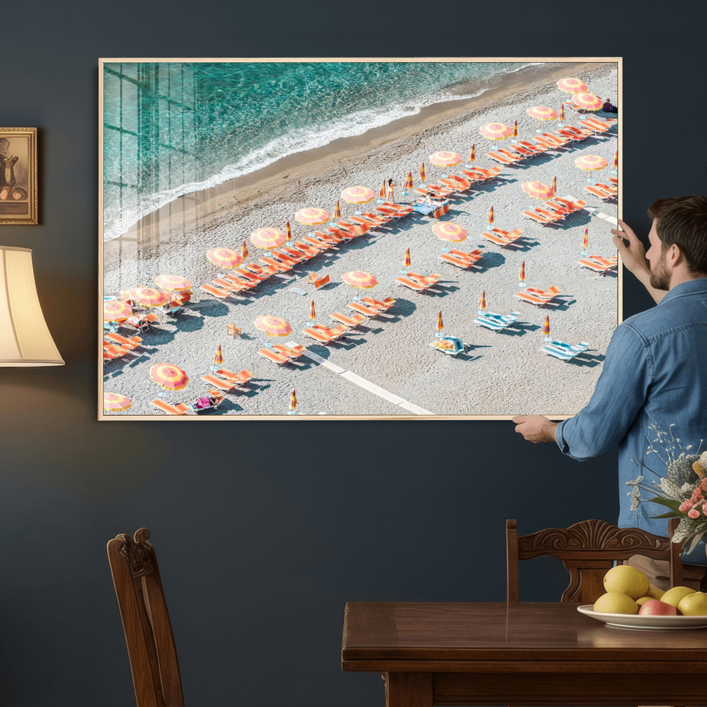 27805351-MGV-CV-36X24 - Beach Umbrellas Wall Art – Orange Loungers & Turquoise Water Canvas Print, Sandy Shore and Summer Vibes