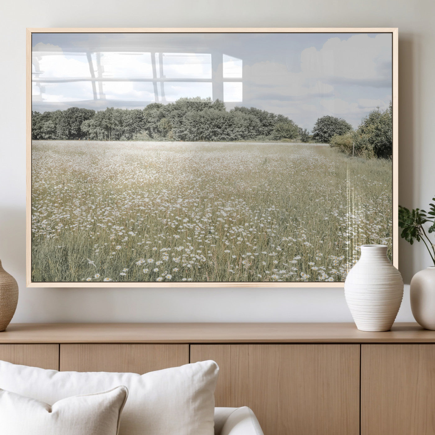 43258946-MGV-FP-36X24-3P_Natural-Charming Daisy Field Wall Art Canvas Print – Framed Pastel Flower Meadow Bloom Scandinavian Minimal Artwork for Home Office