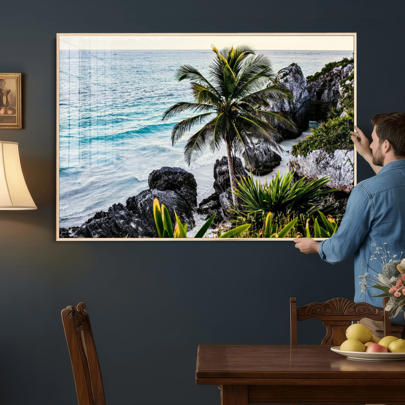 94669907-MGV-CV-36X24 - Tropical Palm Wall Art – Coastal Rocks Canvas Print, Ocean Breeze, Sandy Shore, Vibrant Green Foliage for Living Room or Beach House Decor