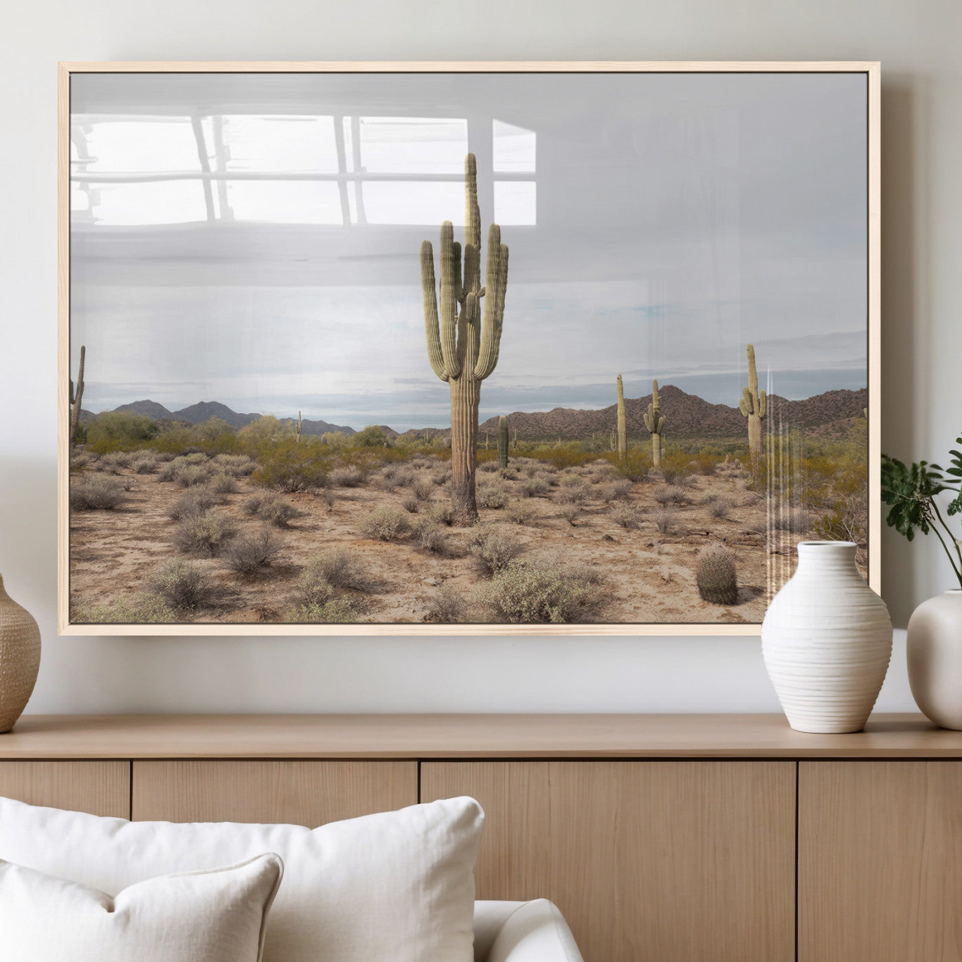 MGV-FP-36X24-3P - Saguaro Cactus Wall Art Canvas Print, Framed Desert Cactus Art Picture Print, Earthy Desert Perfect Southwestern Boho Decor Artwork