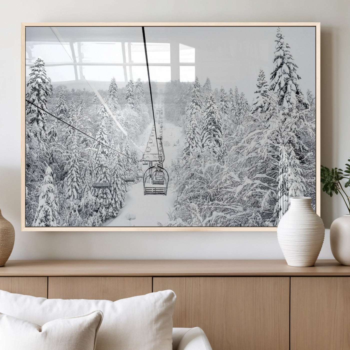 44705668-MGV-FP-36X24-3P_Natural-Snowy Ski Lift Wall Art – Framed Winter Mountain Canvas Artwork, Serene Forest Design, Modern Nature Decor for Home, Office