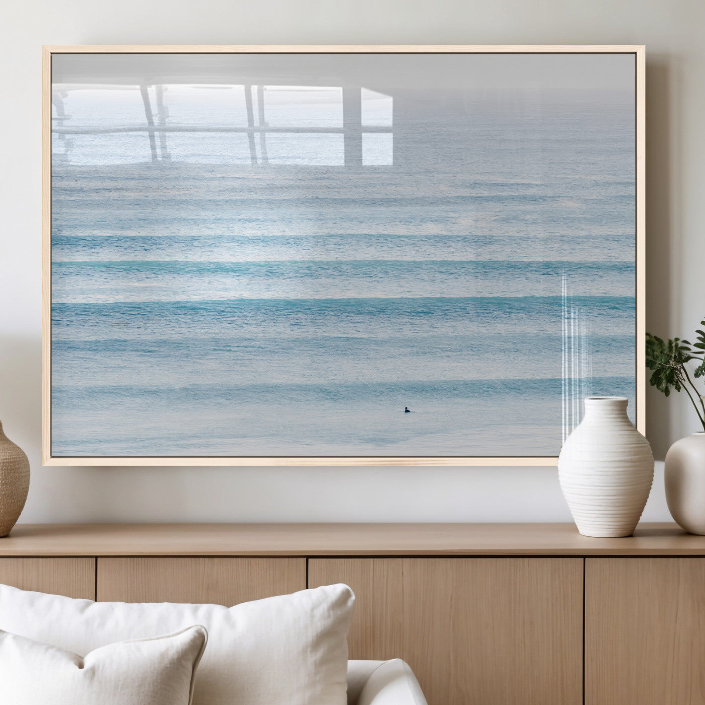 77145995-MGV-FP-36X24-3P_Natural-Ocean Wave Surfer Wall Art – Framed Minimal Seascape Canvas Artwork, Calm Blue Water Design, Coastal Decor for Home, Office