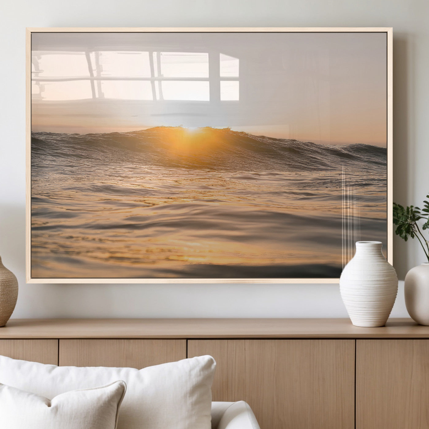 16973771-MGV-FP-36X24-3P_Natural-Calm Water Wall Art – Framed Sunset Waves Canvas Artwork, Coastal Warm Design, Minimal Ocean Decor for Home, Office