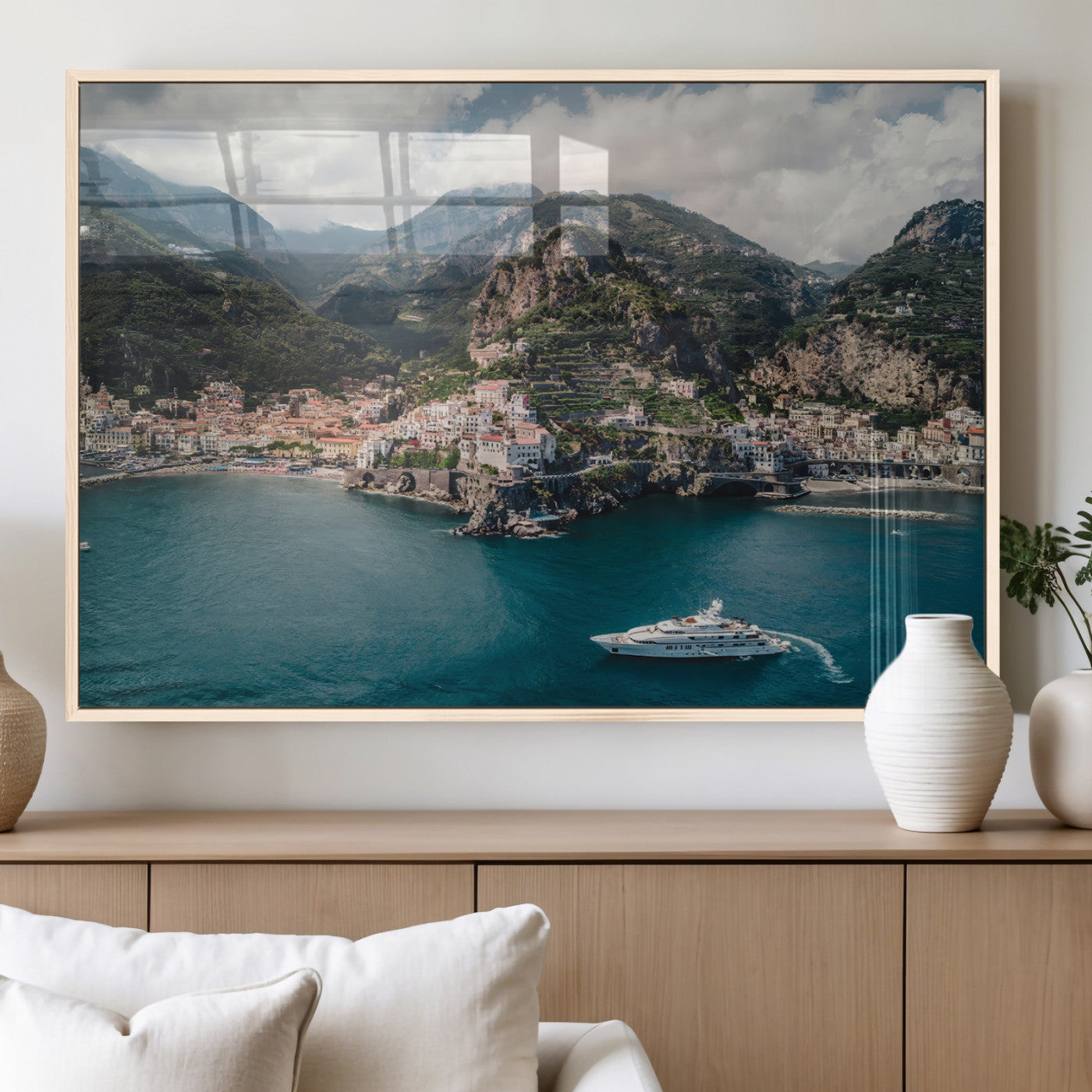 20321590-MGV-FP-36X24-3P_Natural-Amalfi Coast Wall Art – Framed Italian Seaside Canvas Artwork, Mediterranean Landscape Design, Coastal Decor for Home, Office