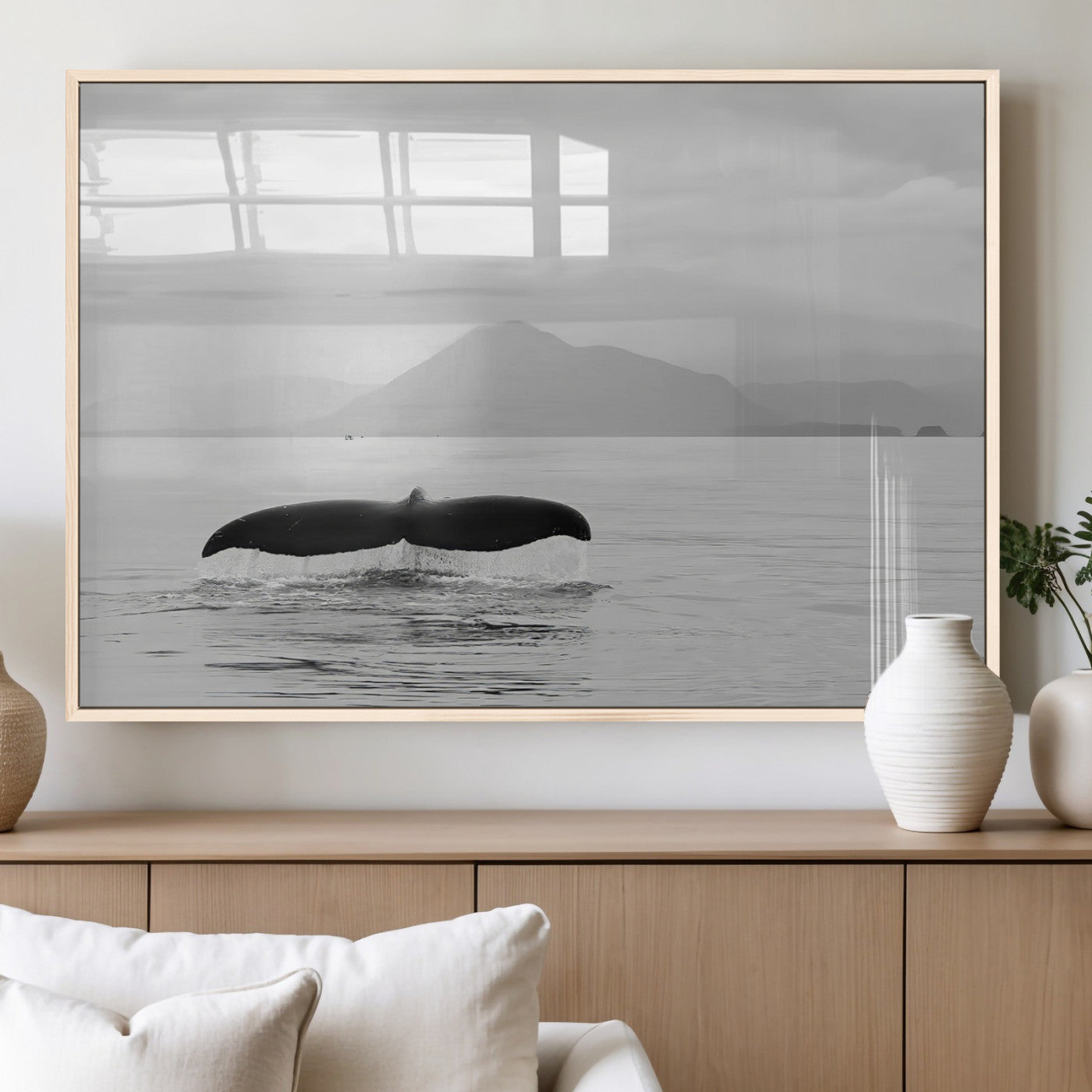 MGV-FP-36X24-3P - Whale Tail Wall Art Canvas Print, Framed Black White Ocean Art Picture Print, Calm Marine Perfect Minimalist Coastal Decor Artwork
