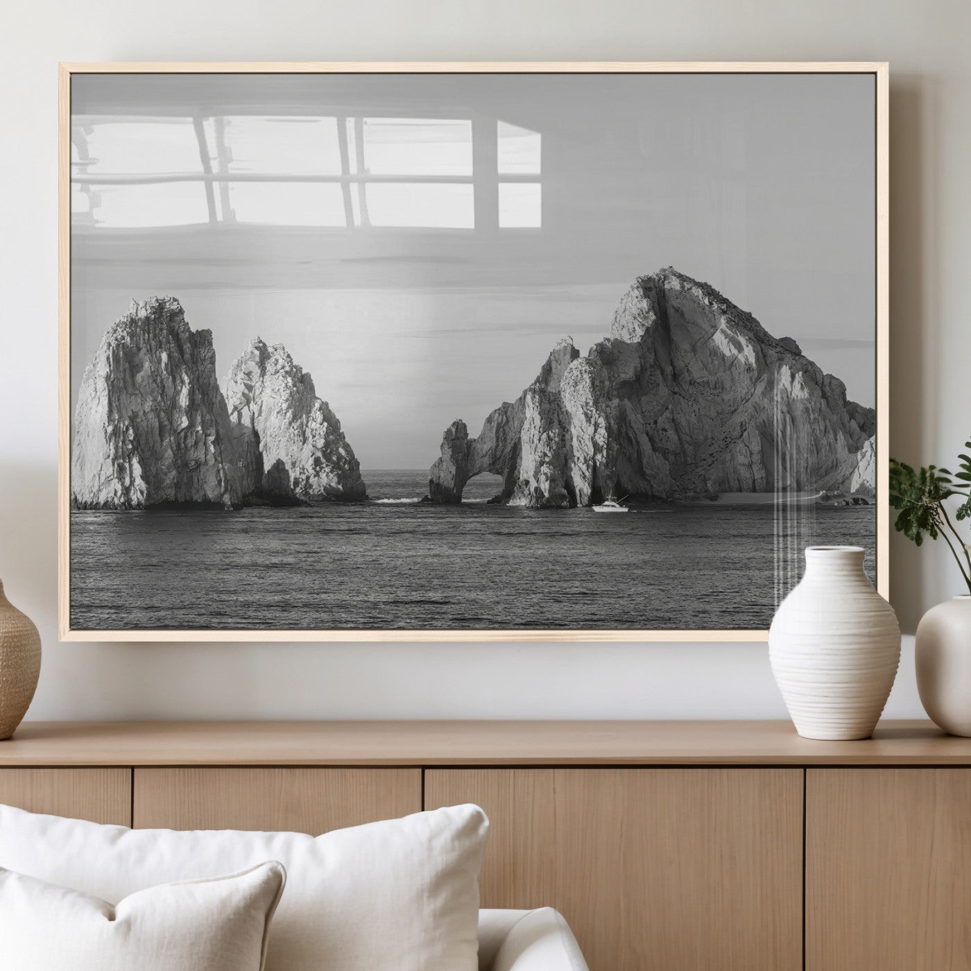 MGV-FP-36X24-3P - Rugged Coastline Wall Art Canvas Print, Framed Ocean Cliffs Art Picture Print, Monochrome Seascape Perfect Coastal Minimalist Decor Artwork
