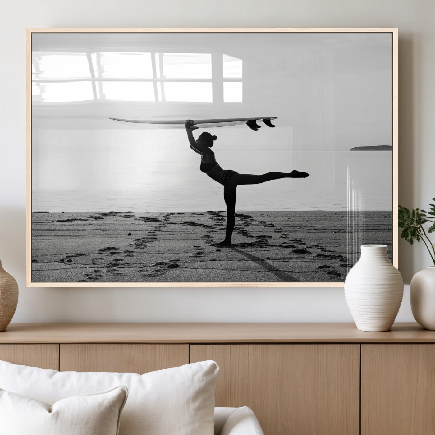 28441356-MGV-FP-36X24-3P_Natural-Yoga Surf Wall Art Canvas Print – Framed Black White Shore Scene with Peaceful Ocean Artwork for Home, Office