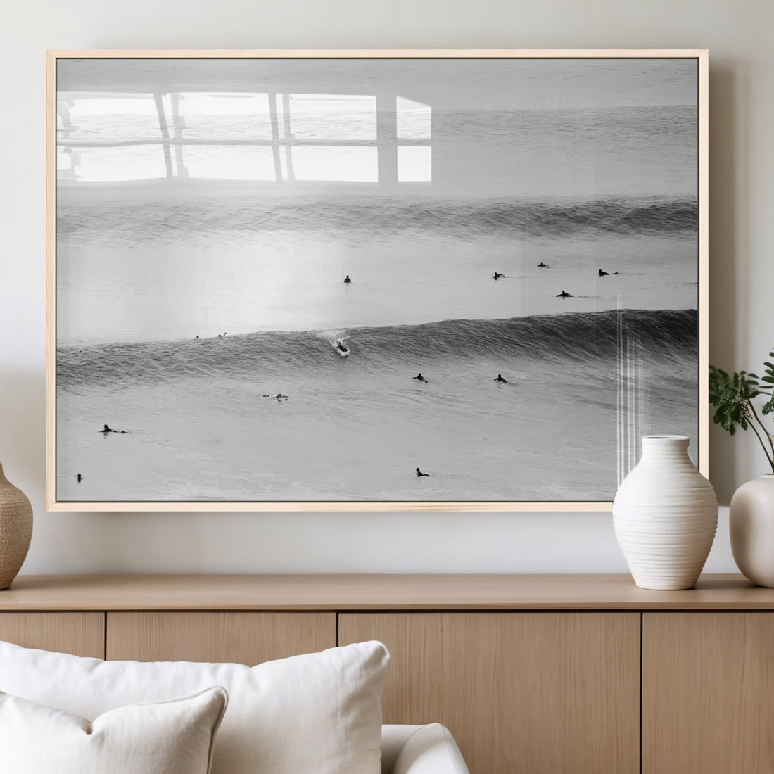 Black White Ocean Wall Art Canvas Print, Framed Coastal Sport and Ocean Swimmers Scene
