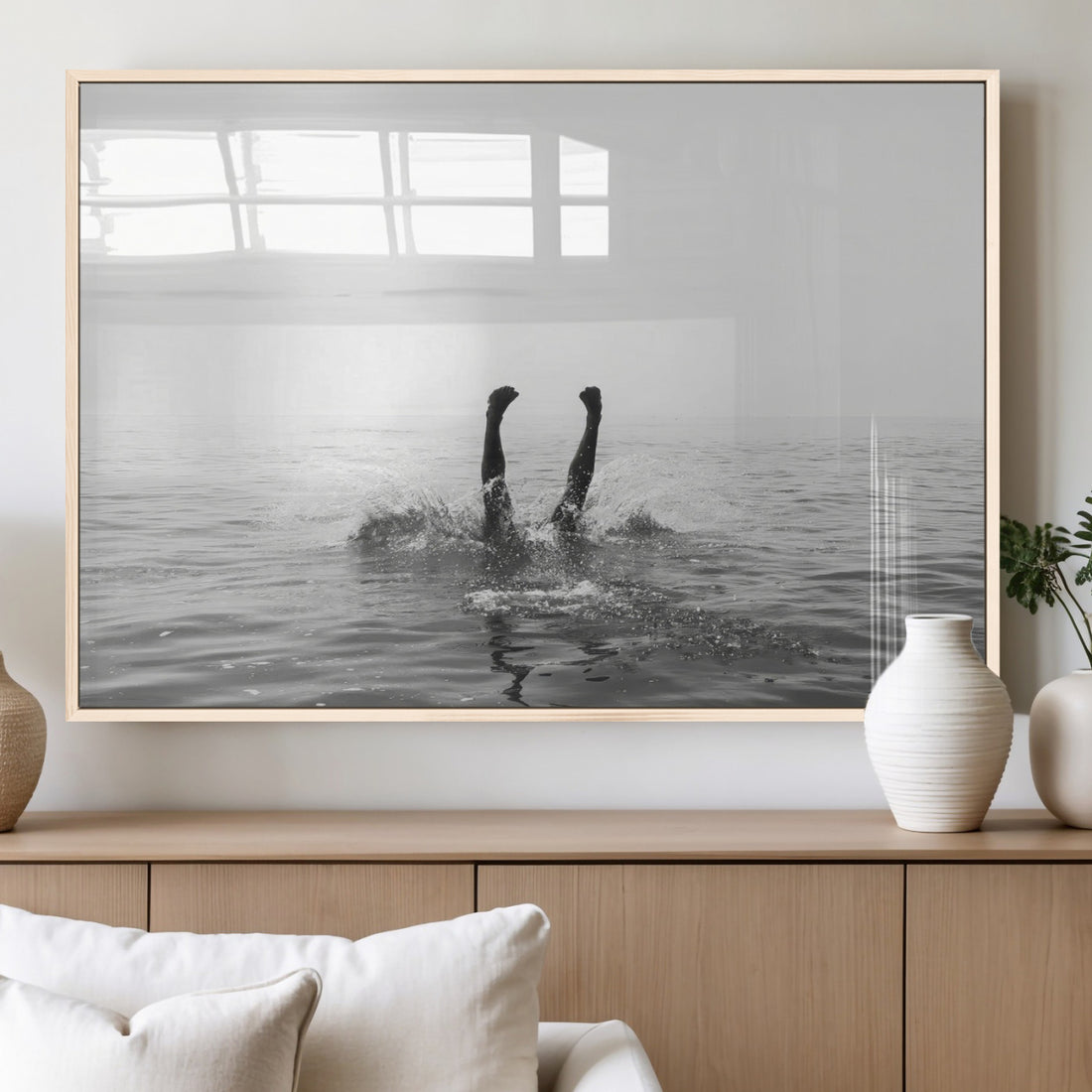 Black White Ocean Wall Art Canvas Print, Framed Monochrome Diving into Water Artwork