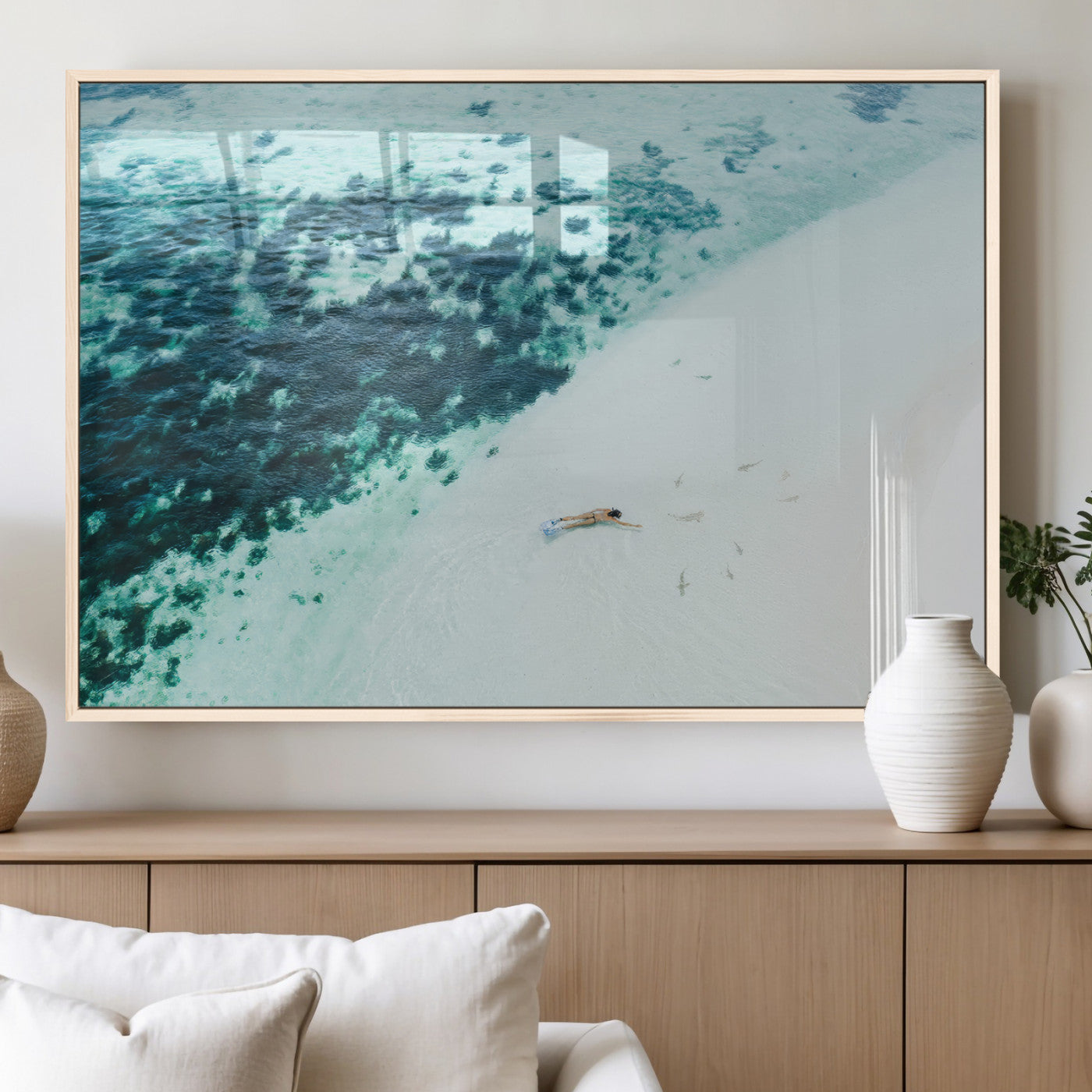 33764764-MGV-FP-36X24-3P_Natural-Minimal Beach Wall Art – Framed Ocean Swimming Canvas Artwork, Clear Blue Sea Design, Modern Coastal Decor for Home, Office