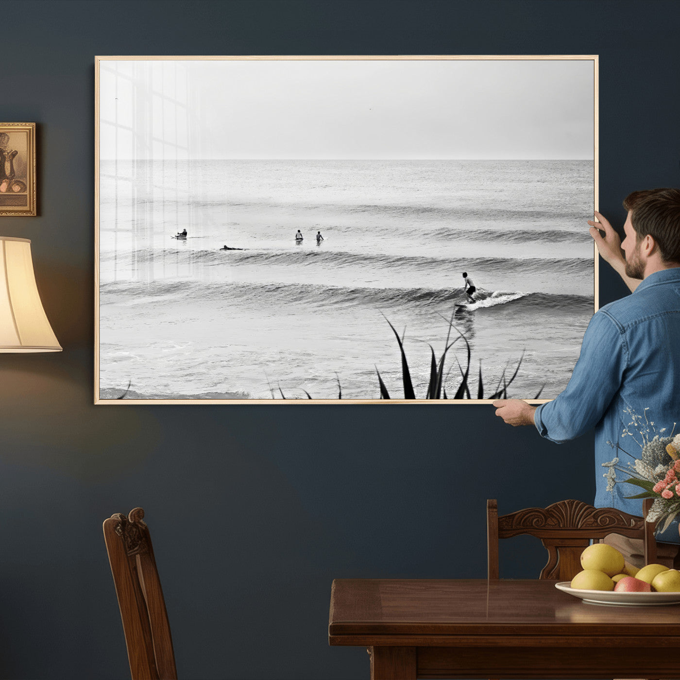 33821421-MGV-CV-36X24 - Surfer Silhouette Wall Art Canvas Print, Framed Calm Ocean Art Picture Print, Monochrome Surf Minimalist Coastal Decor Artwor