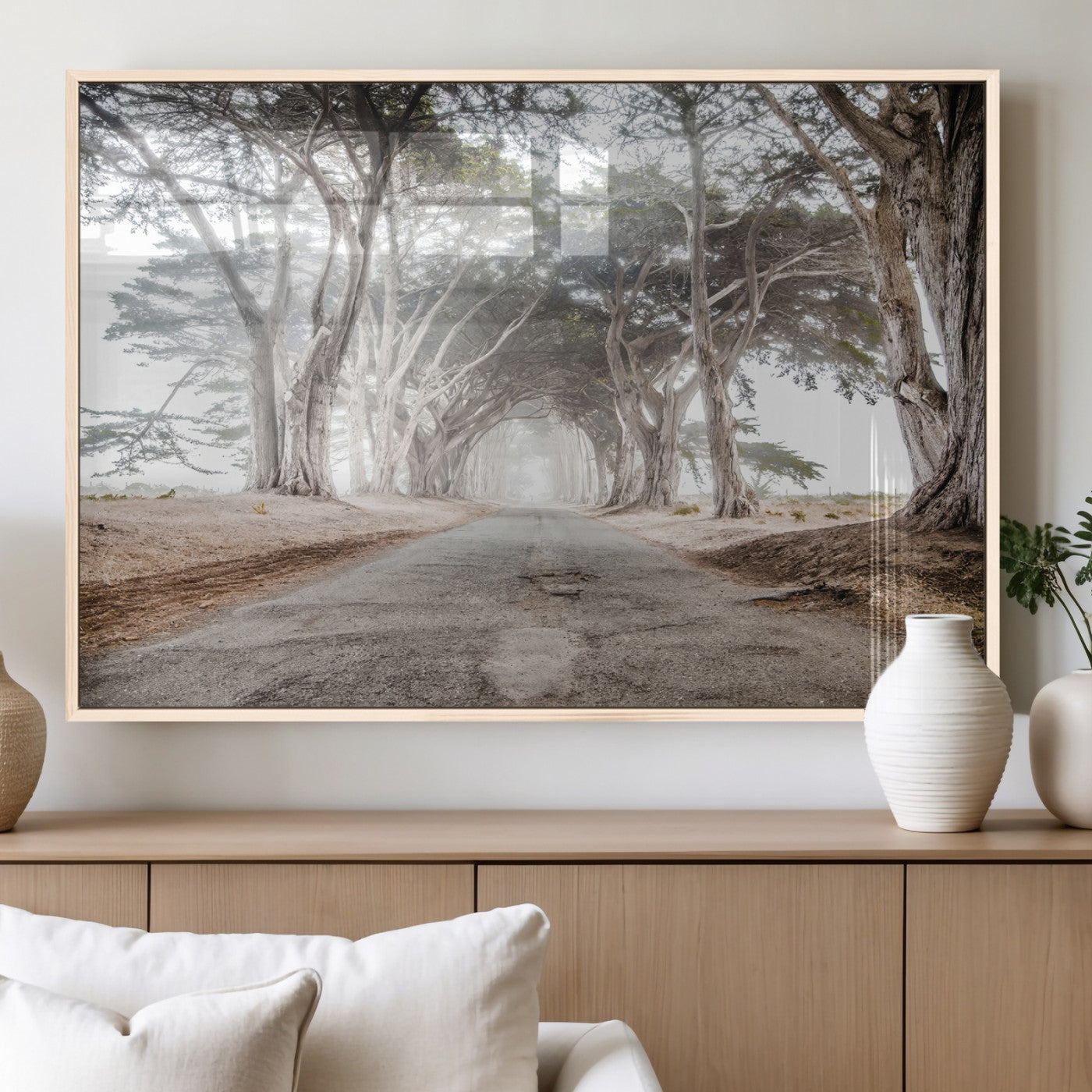 87090469-MGV-FP-36X24-3P_Natural-Cypress Tunnel Wall Art – Framed Misty Road Canvas Artwork, Foggy Trees Design, Rustic Woodland Nature Decor for Home, Office