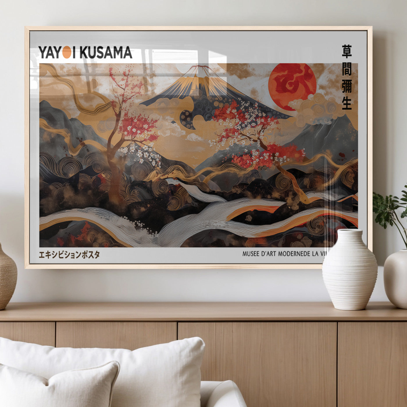 40959107-MGV-FP-36X24-3P_Natural-Modern Japanese Wall Art Canvas Print – Framed Abstract Mount Fuji Scene Inspired Yayoi Kusama for Home, Office