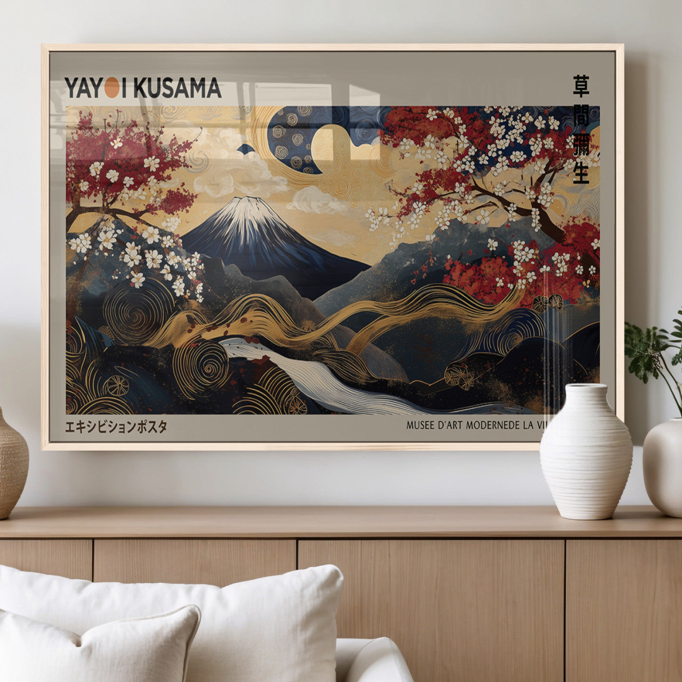 54967195-MGV-FP-36X24-3P_Natural-Modern Japanese Wall Art Canvas Print – Framed Abstract Mount Fuji Scene with Yayoi Kusama Japanese Artwork for Home, Office