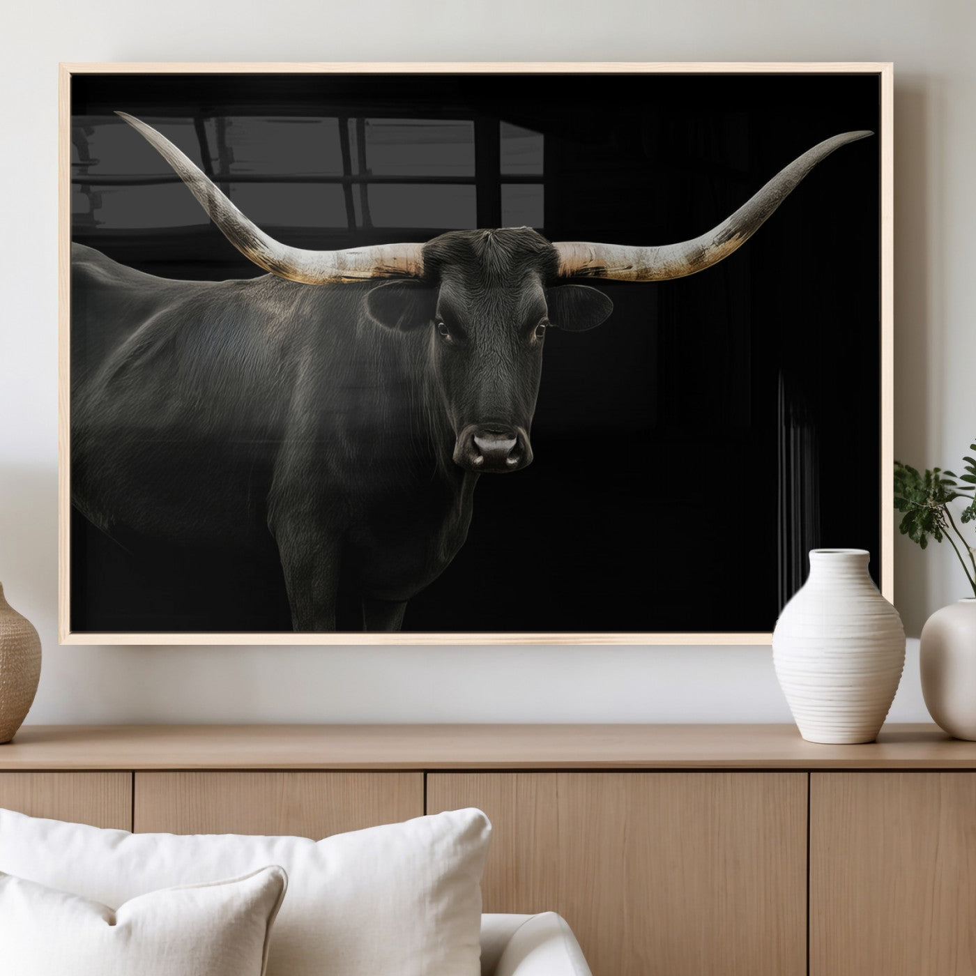23572907-MGV-FP-36X24-3P_Natural-Texas Longhorn Wall Art Canvas Print – Framed Rustic Western Farmhouse Animal Modern Minimal Artwork for Home Office