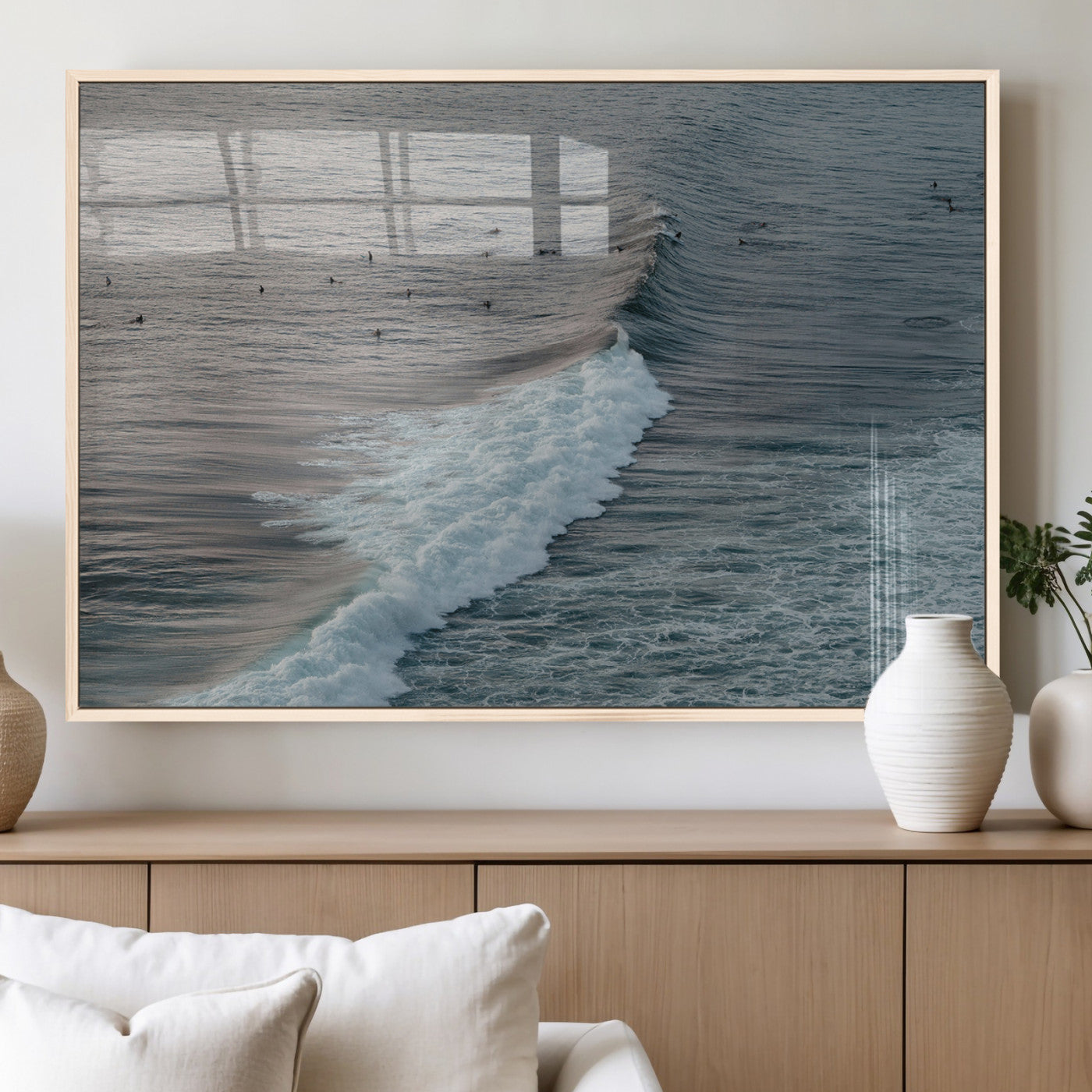 23077324-MGV-FP-36X24-3P_Natural-Ocean Waves Wall Art Canvas Print – Framed Coastal Serenity Surf Nature Scene Artwork for Home Office