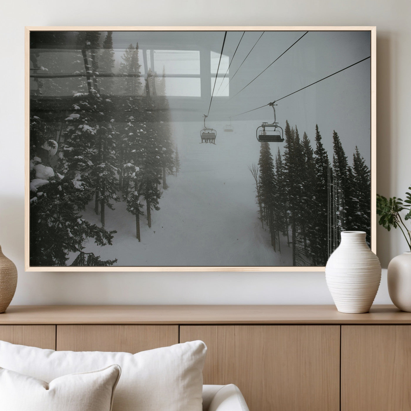 87018452-MGV-FP-36X24-3P_Natural-Ski Lift Wall Art Canvas Print – Snowy Pines Misty Landscape Winter Serenity Artwork for Home, Office Decor