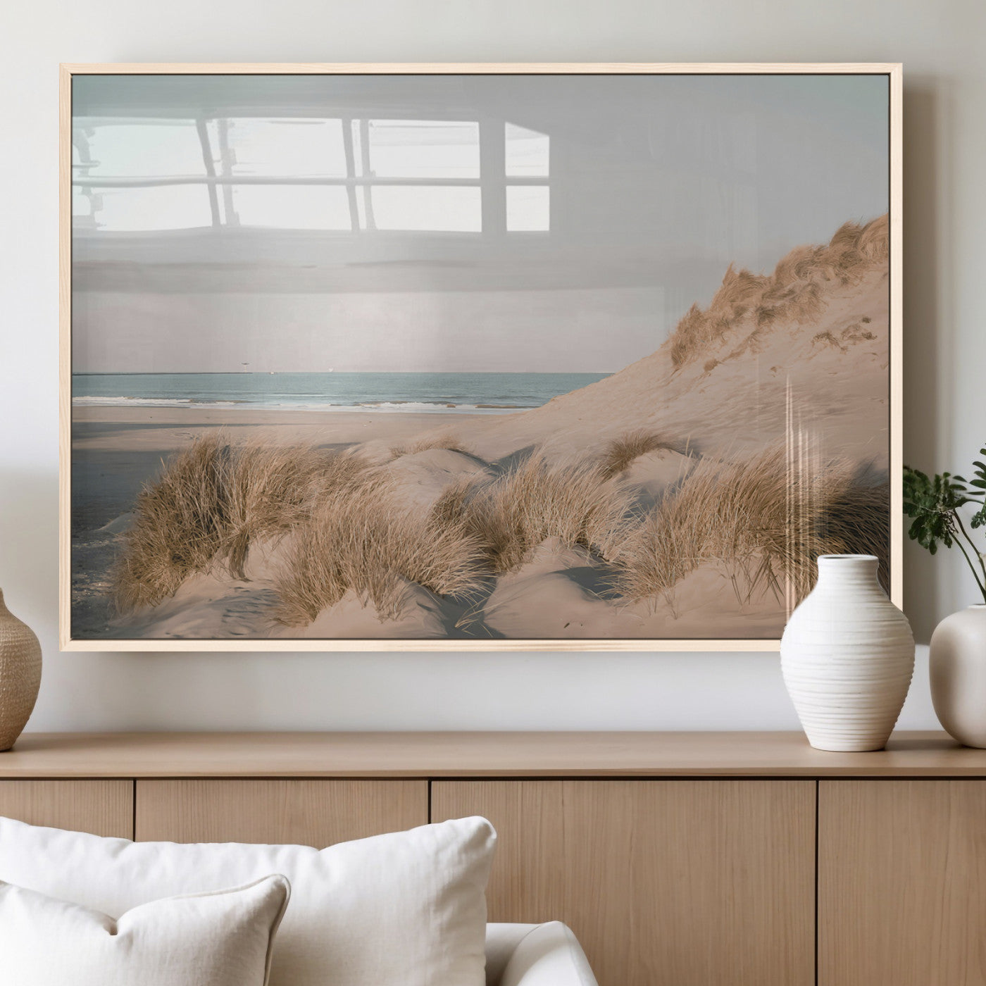 11554211-MGV-FP-36X24-3P_Natural-Beach Landscape Wall Art Canvas Print – Framed Sand Dune Photography Minimalist Seascape Artwork for Home Office