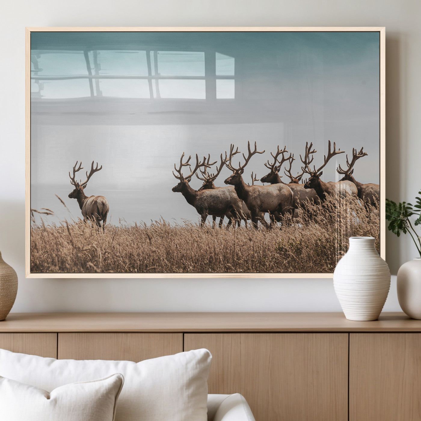 81594705-MGV-FP-36X24-3P_Natural-Elk Herd Wall Art Canvas Print – Framed Wildlife Photography Rustic Nature Scene Artwork for Home, Office, Living Room