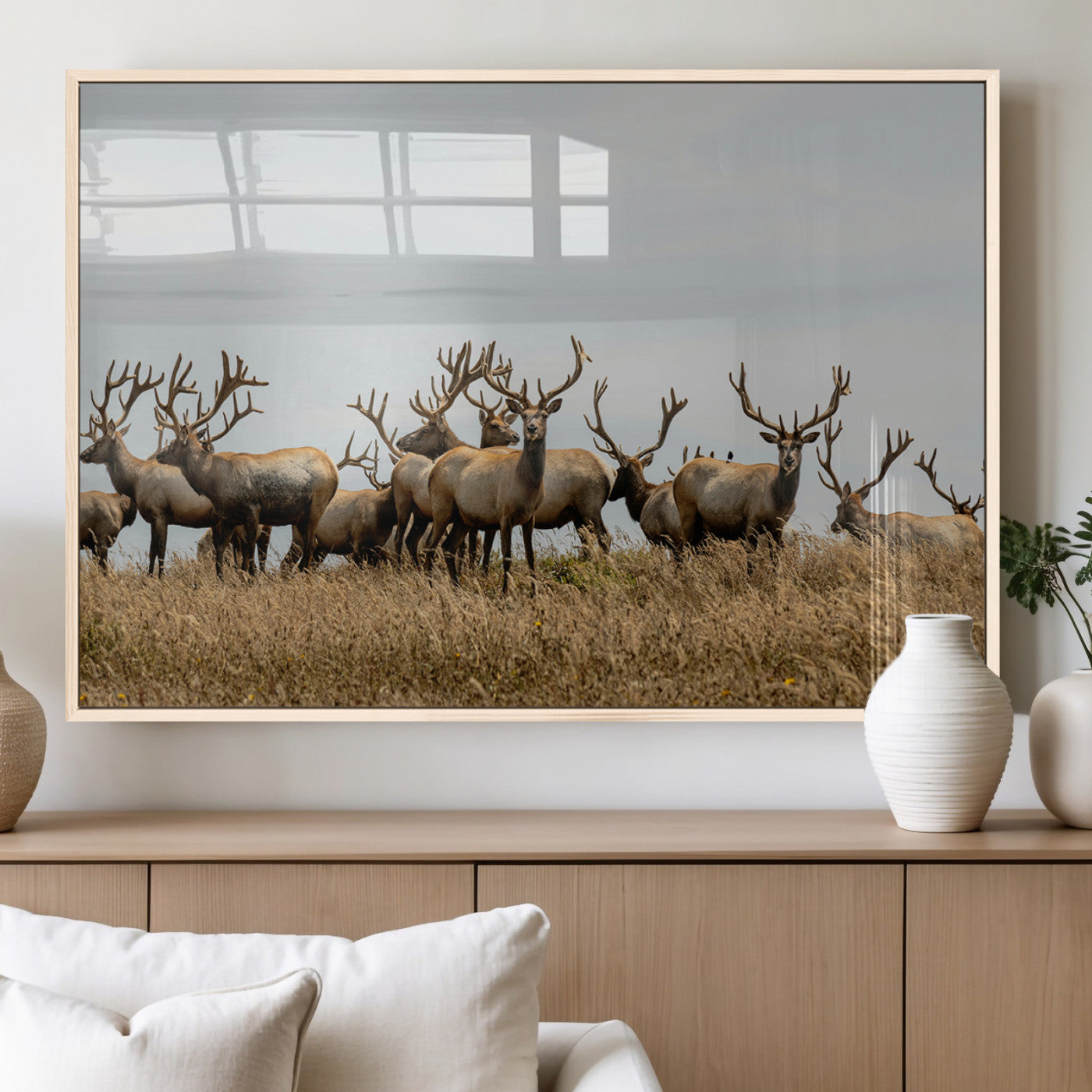 42170220-MGV-FP-36X24-3P_Natural-Elk Herd Wall Art Canvas Print – Framed Wildlife Photography Majestic Antlers Nature Scene Artwork for Home Office