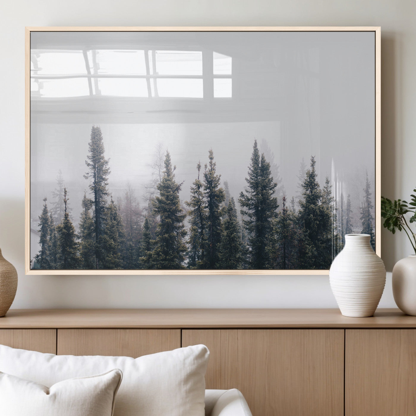 42364796-MGV-FP-36X24-3P_Natural-Foggy Forest Wall Art Canvas Print – Framed Misty Pines Moody Woodland Nature Scene Artwork for Home Office
