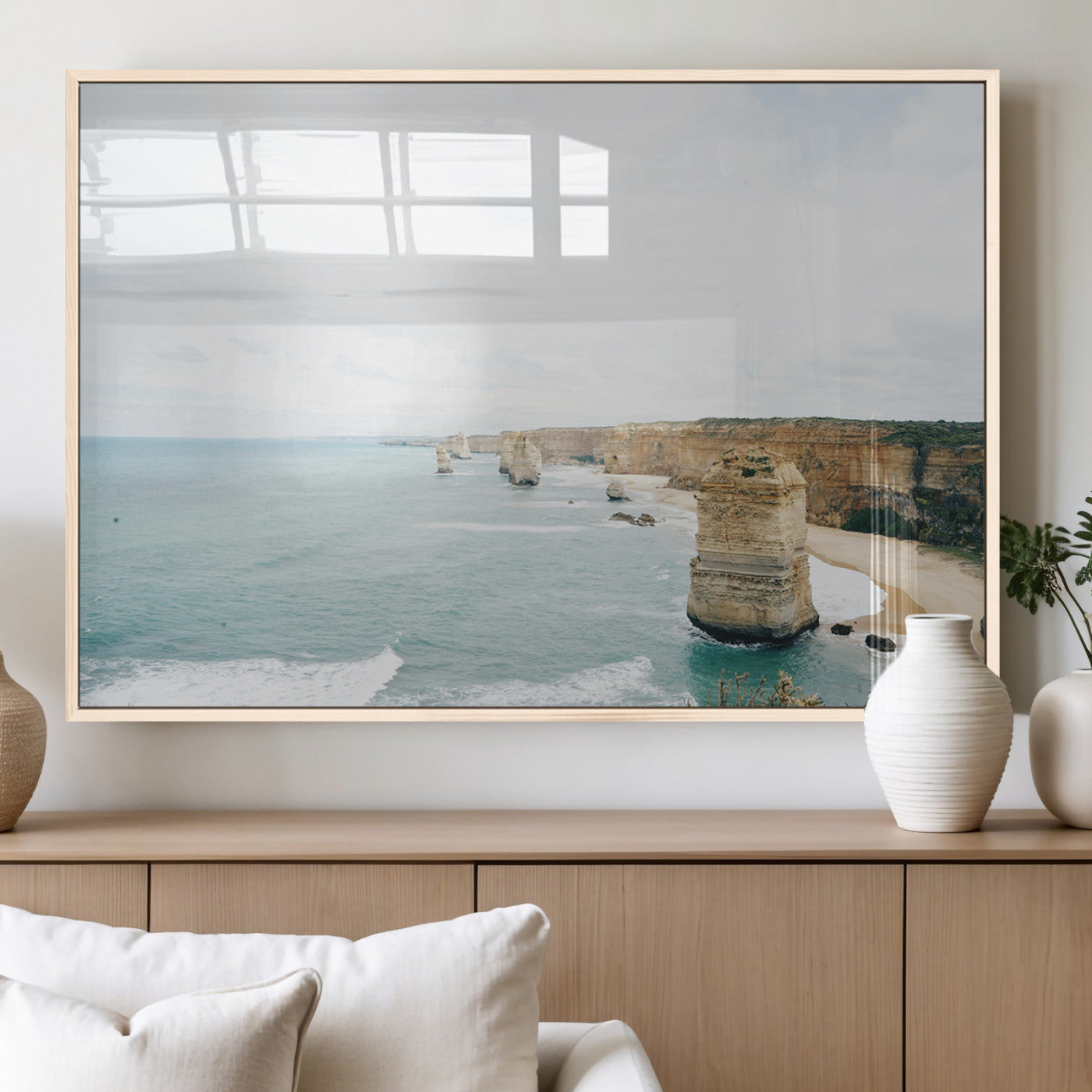 70095633-MGV-FP-36X24-3P_Natural-Twelve Apostles Wall Art Canvas Print – Framed Coastal Cliffs Rugged Rock Formations Artwork for Home Office