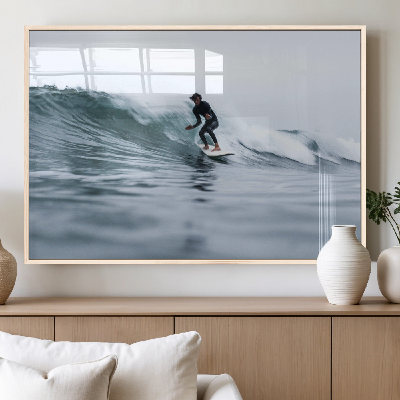 11693607-MGV-FP-36X24-3P_Natural-Surfer on Wave Wall Art Canvas Print – Framed Ocean Adventure Motion Blur Water Coastal Action Artwork for Home, Office