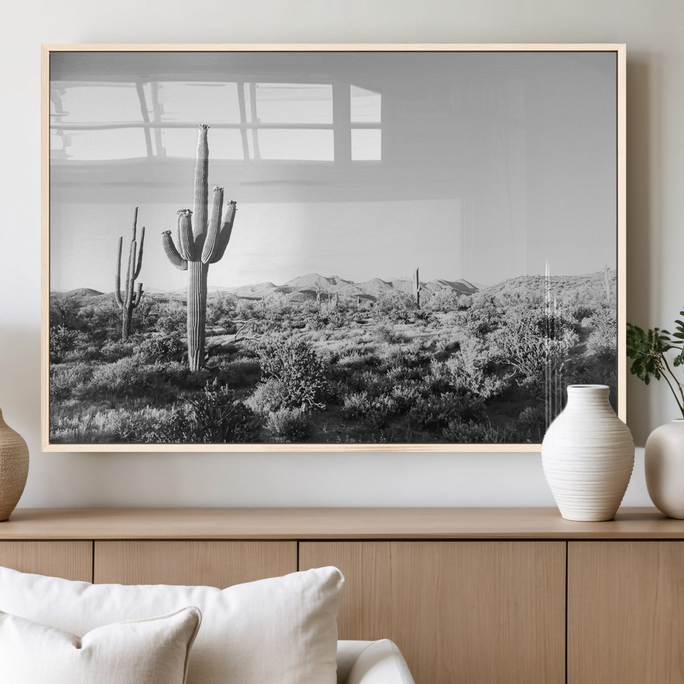85205054-MGV-FP-36X24-3P_Natural-Saguaro Cactus Wall Art Canvas Print – Framed Monochrome Landscape Scenic Arizona Minimalist Western Artwork for Home, Office