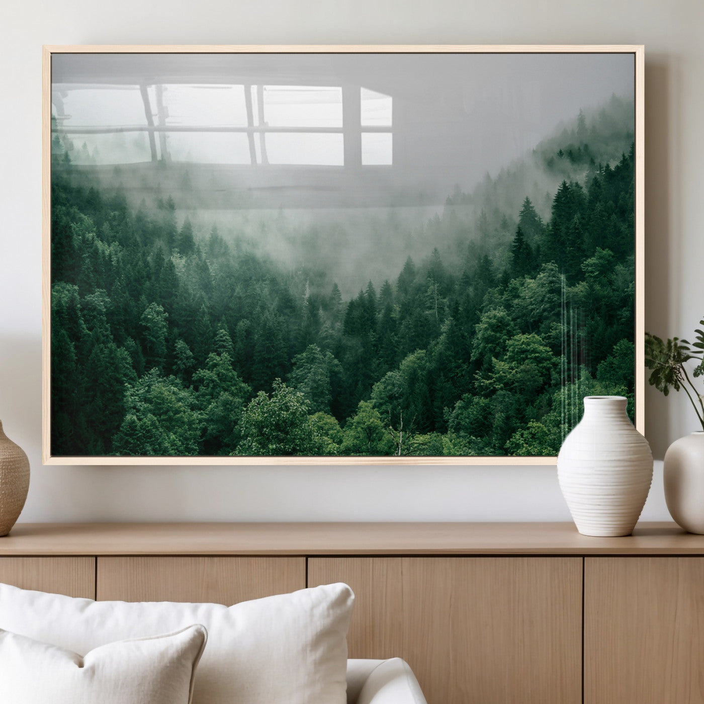 MGV-FP-36X24-3P - Misty Green Forest Canvas Print – Serene Foggy Pine Landscape Wall Art, Tranquil Nature Decor for