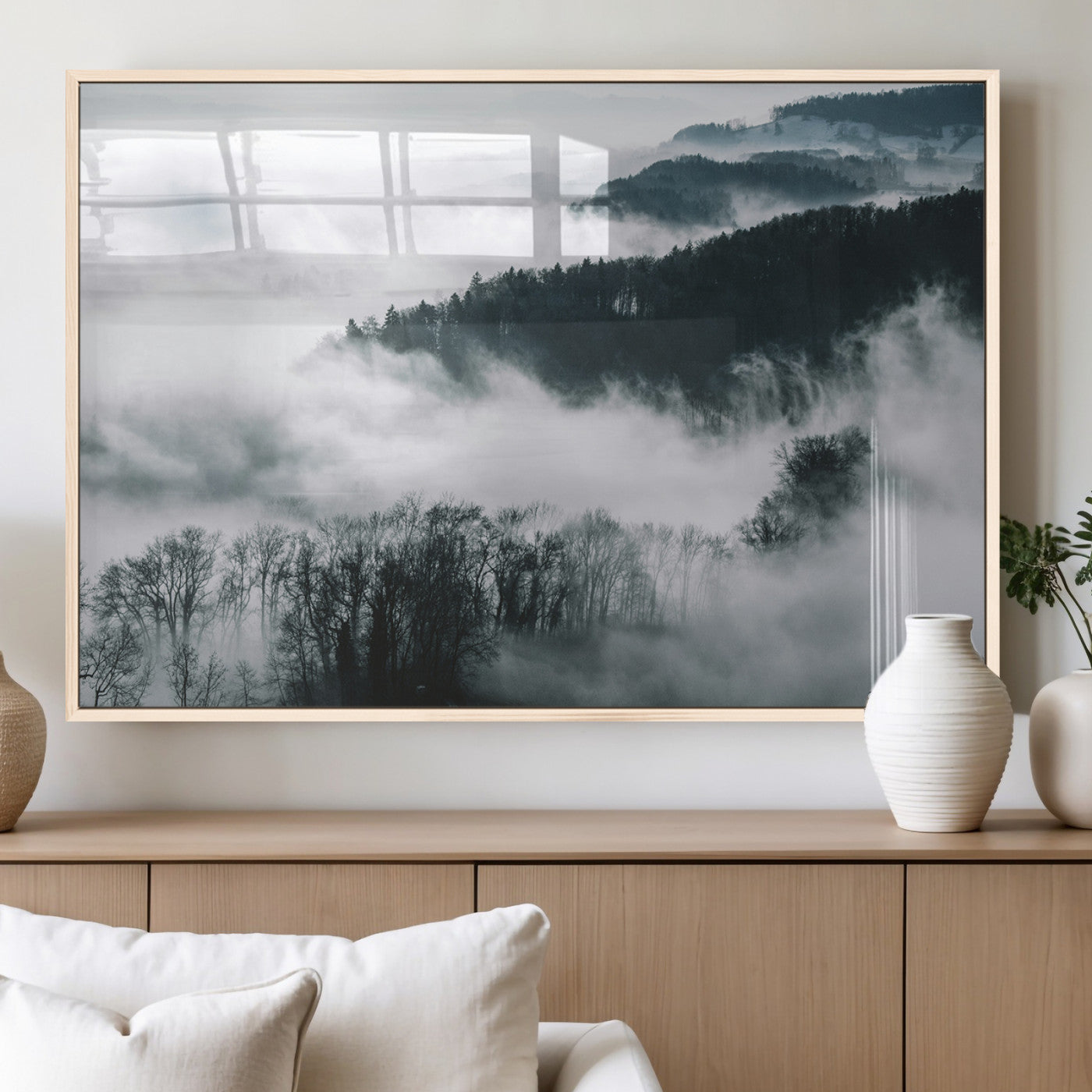 67569654-MGV-FP-36X24-3P_Natural-Foggy Forest Landscape Wall Art Canvas Print – Misty Mountain Valley Scene Monochrome Tones Nature Artwork for Home Office