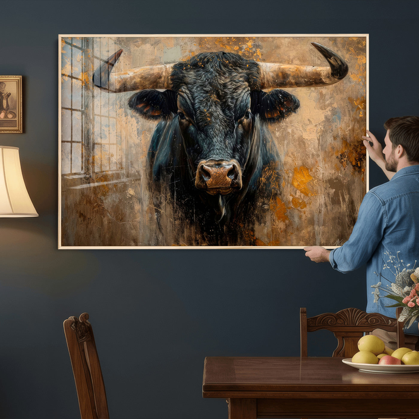 91615410-MGV-CV-36X24 - Abstract Texas Longhorn Bull Wall Art – Rustic Farmhouse Canvas Print, Western Cabin Style Decor, Large Animal Artwork for Living Room or Office