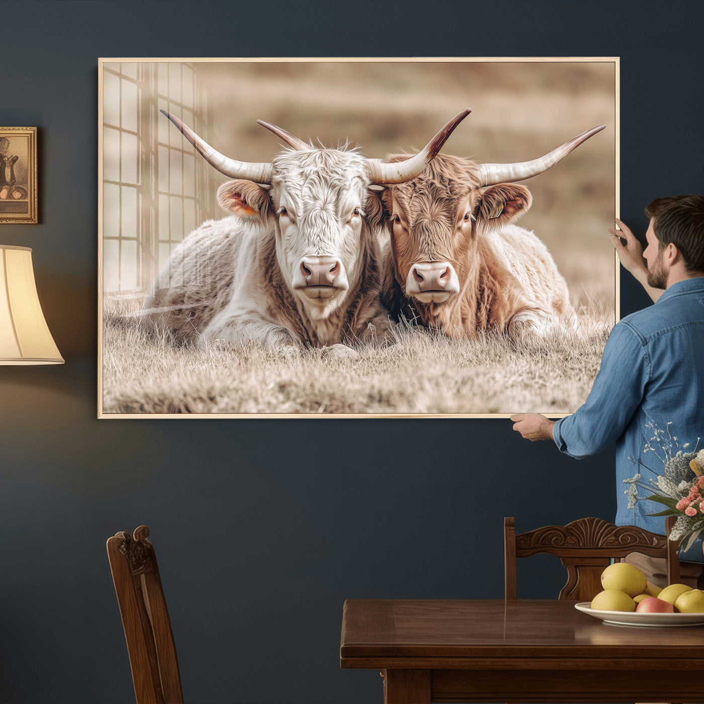38651722-MGV-CV-36X24 - Highland Cows Meadow Canvas Wall Art – Peaceful Cow Photography Print, Rustic Farmhouse Animal Decor for Country Home, Living Room, Office