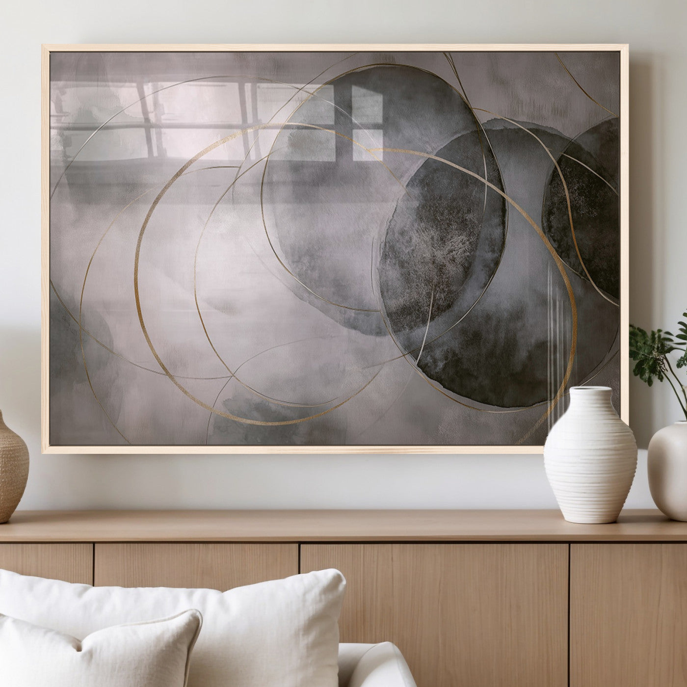 20066876-MGV-FP-36X24-3P_Natural-Abstract Grey Gold Circle Wall Art – Modern Geometric Canvas Artwork, Minimal Elegant Design, Luxury Wall Decor for Home, Office