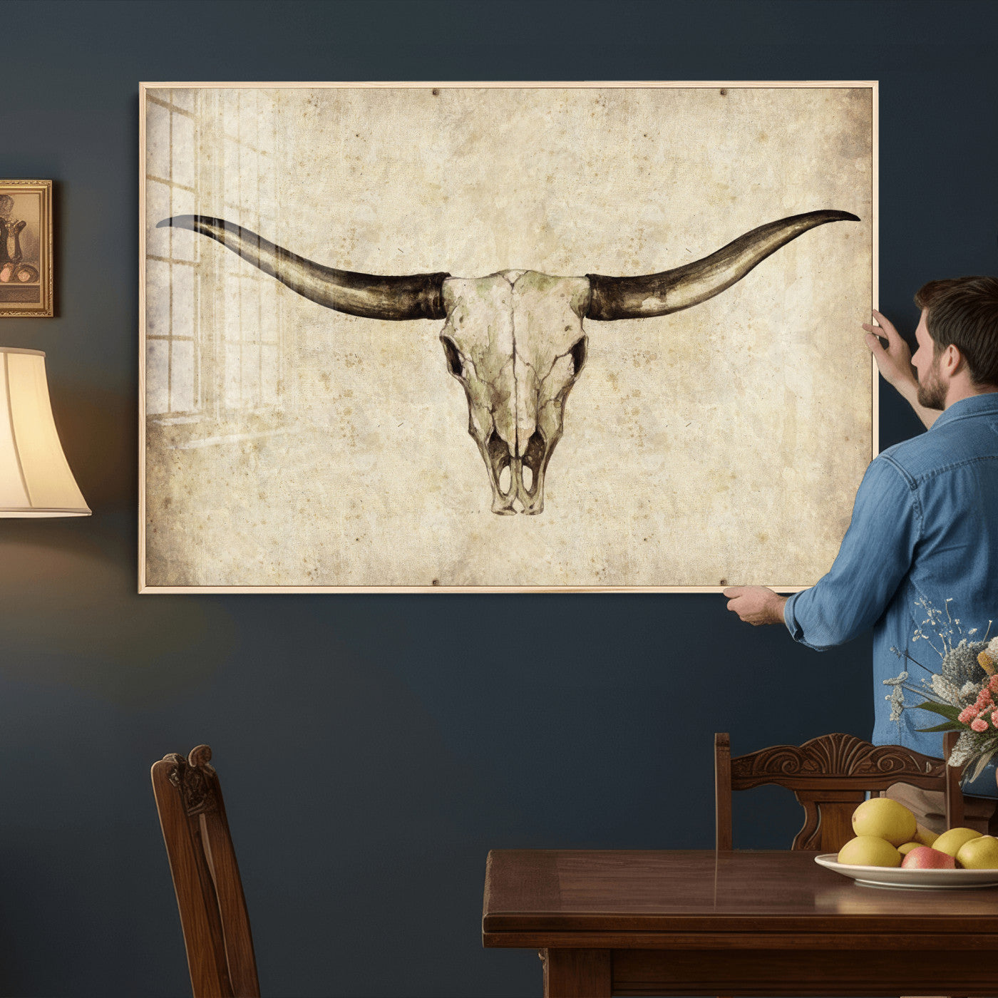 42788678-MGV-CV-36X24 - Longhorn Skull Wall Art Canvas Print – Rustic Western Artwork Print for Living Room Wall Decor