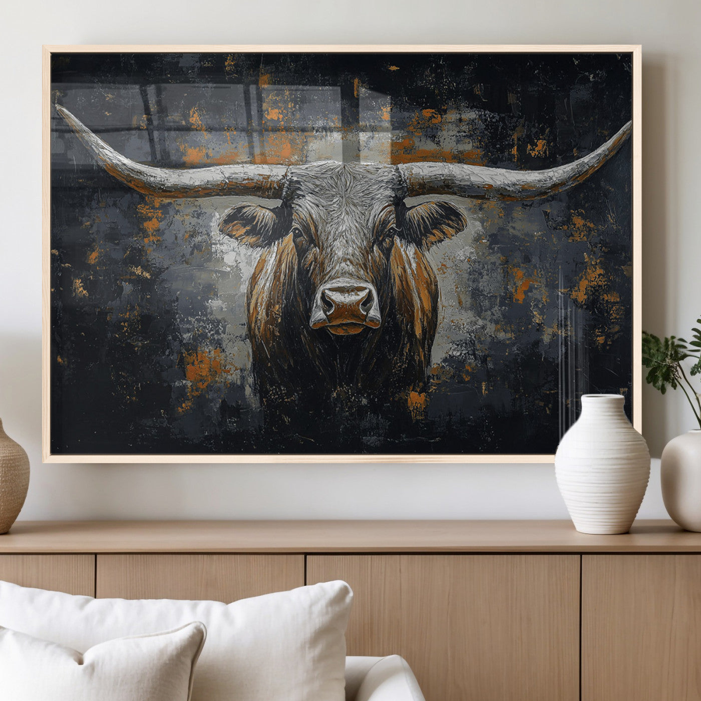 93195031-MGV-FP-36X24-3P_Natural-Rustic Longhorn Bull Wall Art Canvas Print – Vintage Western Cattle Scene, Texas Steer Artwork for Home, Office