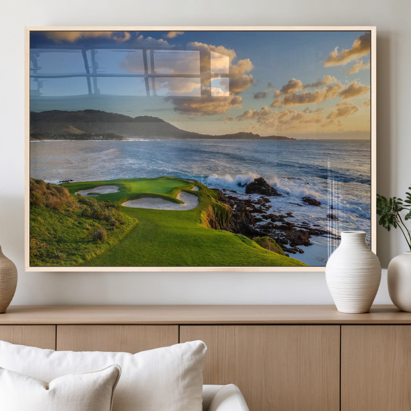 50107048-MGV-FP-36X24-3P_Natural-Pebble Beach Golf Links Wall Art Canvas Print – Iconic Coastal Golf Course Artwork for Home, Office, Living Room
