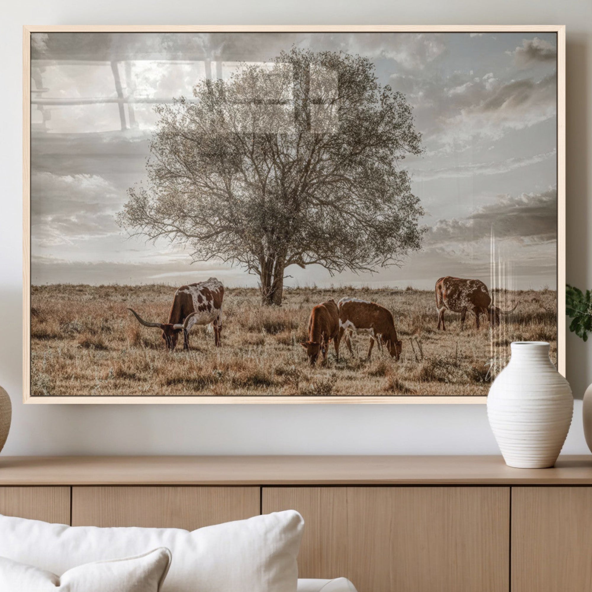 Texas Longhorn Cattle Wall Art Canvas Print – Rustic Western Ranch Scene with Steers at Sunset, Perfect for Farmhouse or Cowboy Decor