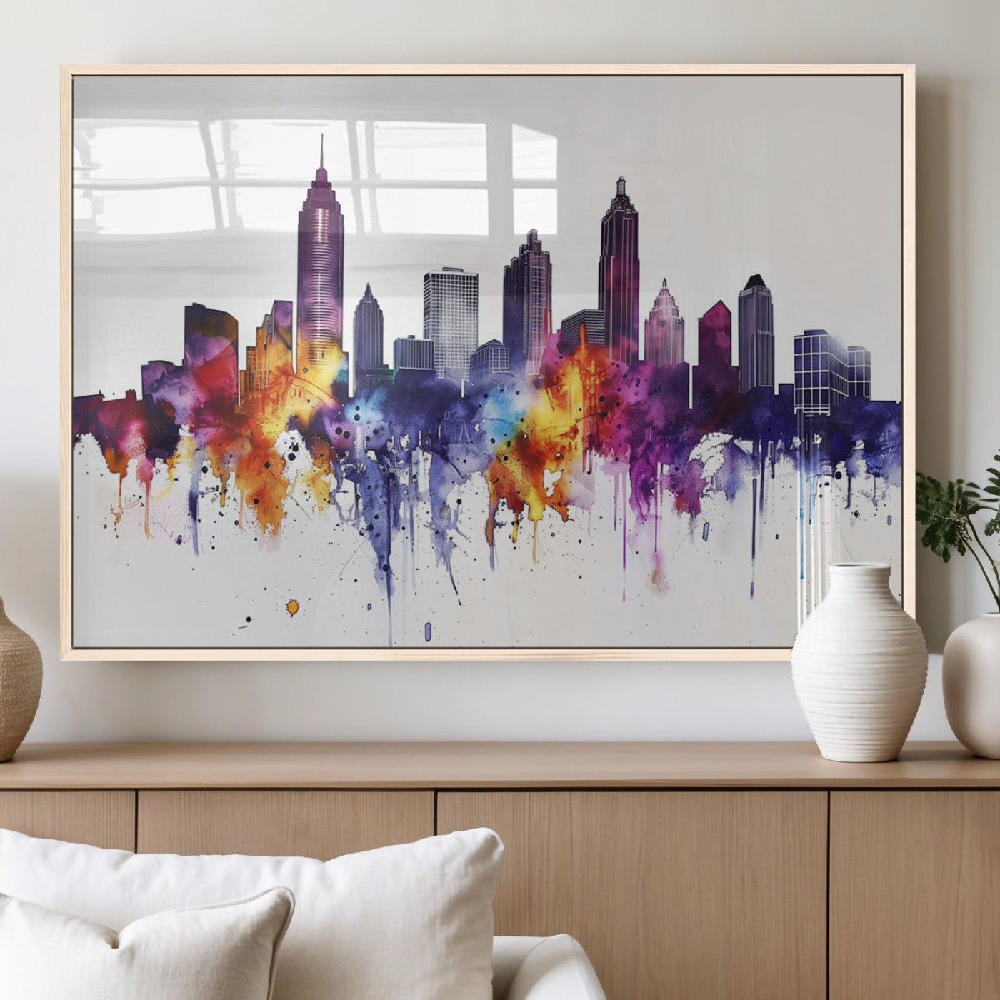 34479880-MGV-FP-36X24-3P_Natural-Atlanta Skyline Wall Art Canvas Print – Framed Colorful Watercolor Cityscape Artwork for Home, Office, Living Room
