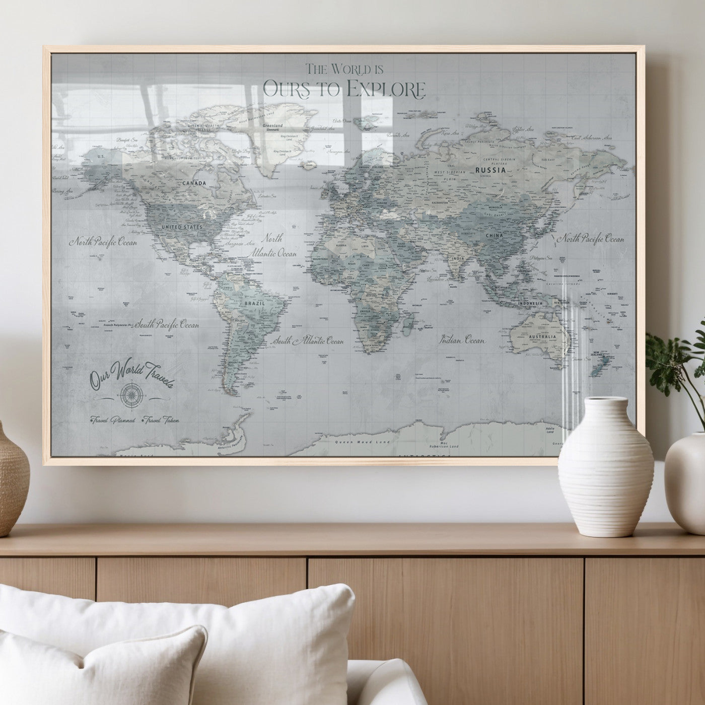 Rehber01-MGV-CV-36X24-Personalized Push Pin World Map Canvas Print – Custom Framed Travel Tracker Wall Art Large Map Artwork for Home, Office