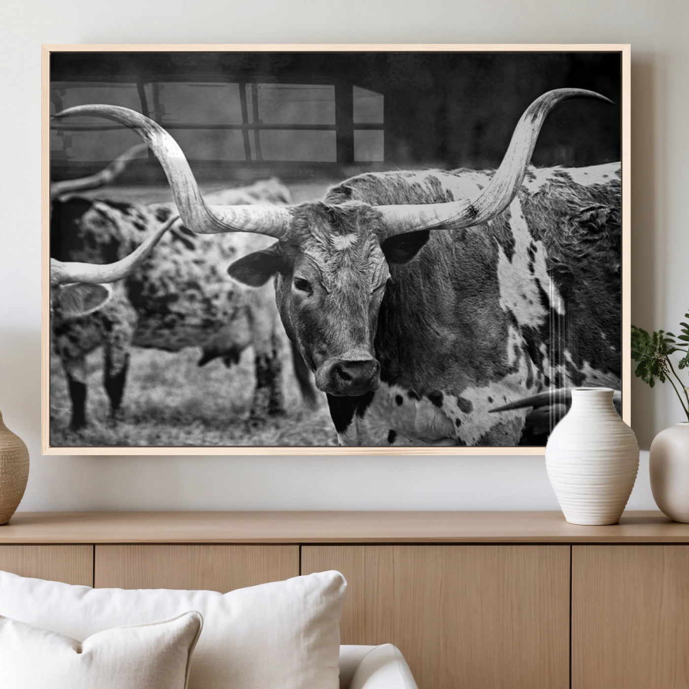 9090763161837-MGV-FP-36X24_Natural-Black & White Longhorn Cattle Wall Art Canvas Print, Rustic Farmhouse Western Design Artwork for Home, Office