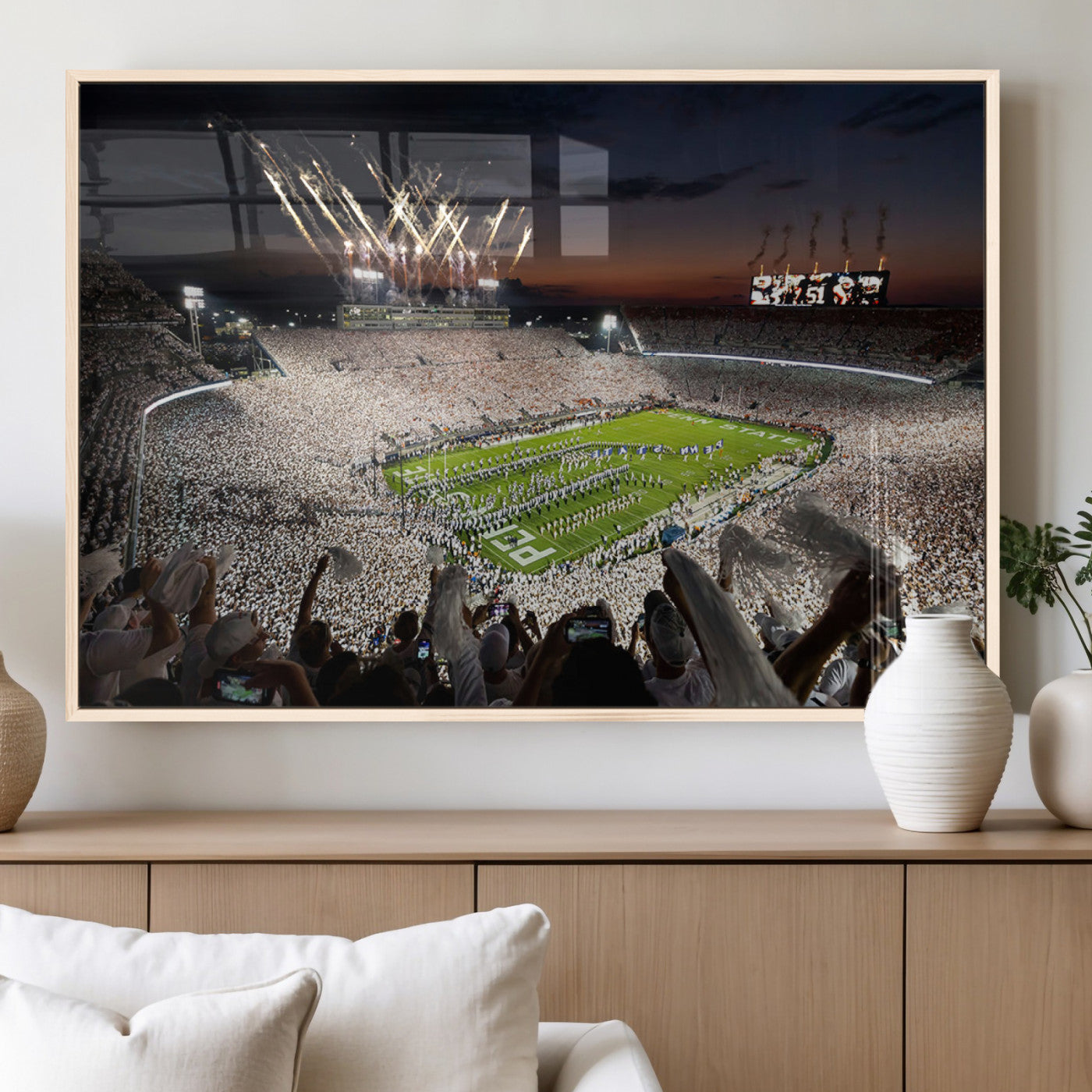11221988-MGV-FP-36X24 - Epic Night Football Stadium Wall Art Canvas Print, Fireworks and Crowd Energy Game Day Excitement Decor for Home, Office